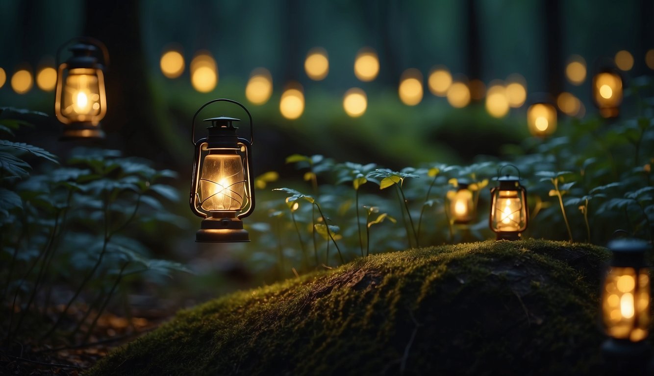 A tranquil forest glows with flickering fireflies, illuminating the night with their natural lanterns