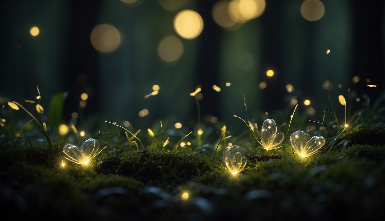 Fireflies illuminate a dark forest, their glowing bodies casting a soft, ethereal light.

The tiny insects dance among the trees, creating a magical, twinkling display