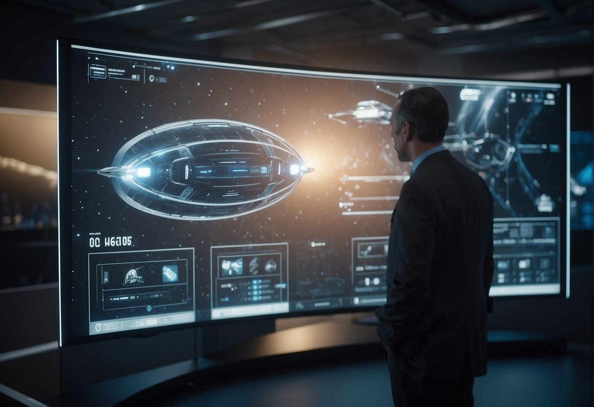 A futuristic spaceship design takes shape on a digital screen, with consultants discussing and shaping the details