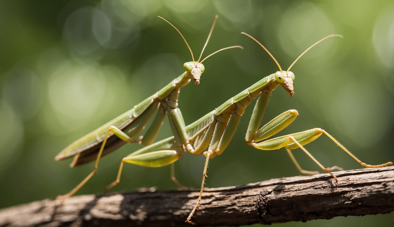 A praying mantis perched on a branch, its forelegs raised in a defensive stance.

Its head is turned, and its eyes are fixed on its prey