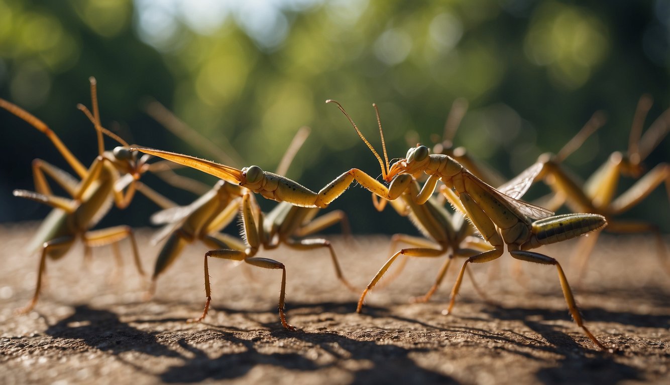 A group of praying mantises engage in a graceful and powerful display of martial arts, showcasing their agility, precision, and strength in a natural setting