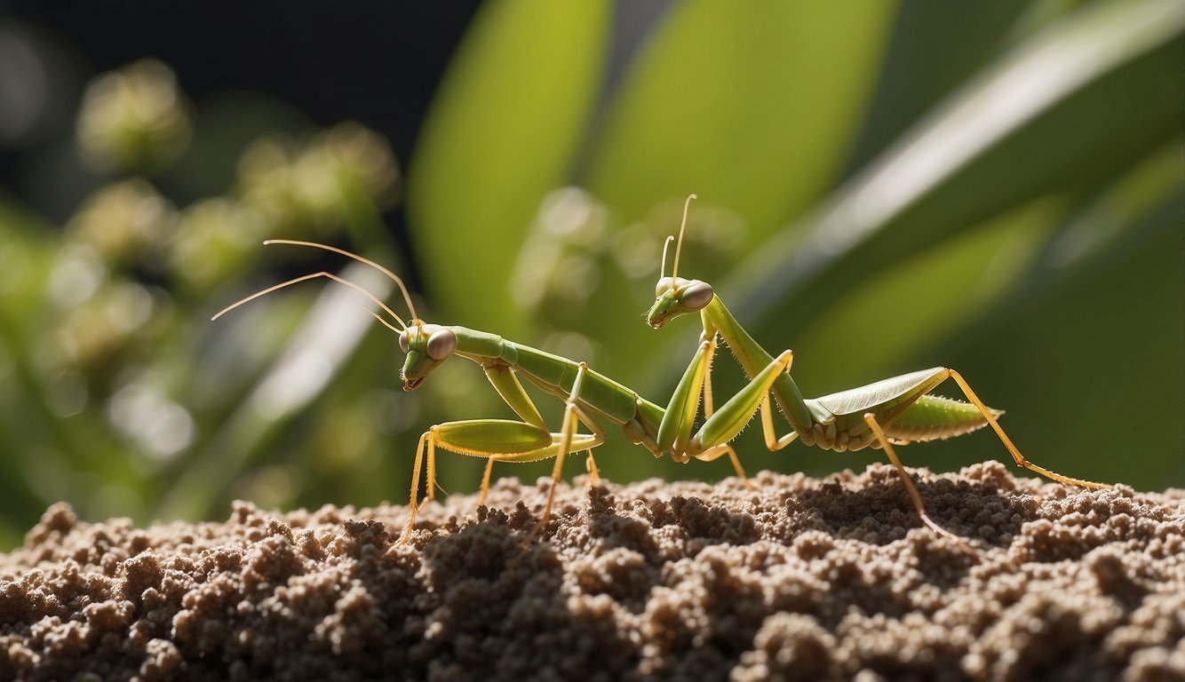 A female praying mantis lays her eggs in a protective foam mass.

The male cautiously approaches, wary of becoming her next meal
