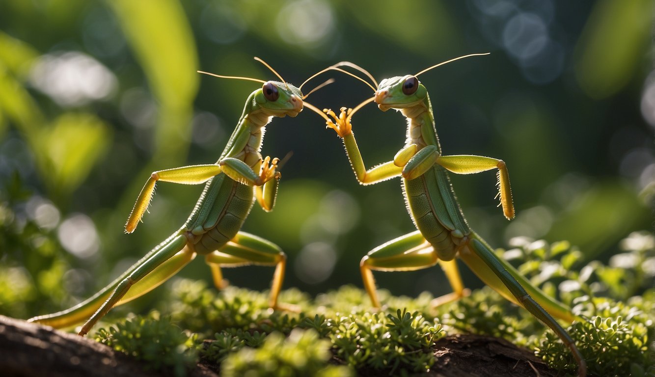 Praying mantises engage in a kung fu battle, showcasing their agility and precision in a lush, vibrant garden setting