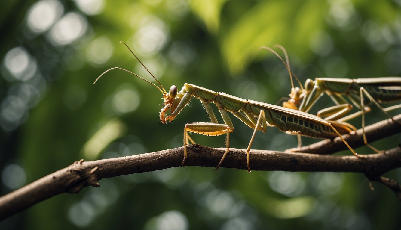 A group of praying mantises stand tall on leafy branches, their forelegs raised in a defensive stance.

Their eyes are sharp, and their bodies poised for action, exuding an air of martial arts mastery