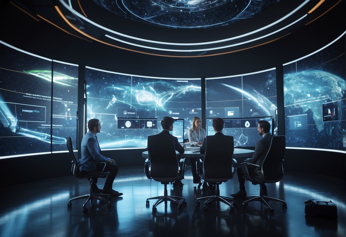 A group of consultants collaborate on a futuristic space design, surrounded by digital screens and holographic projections