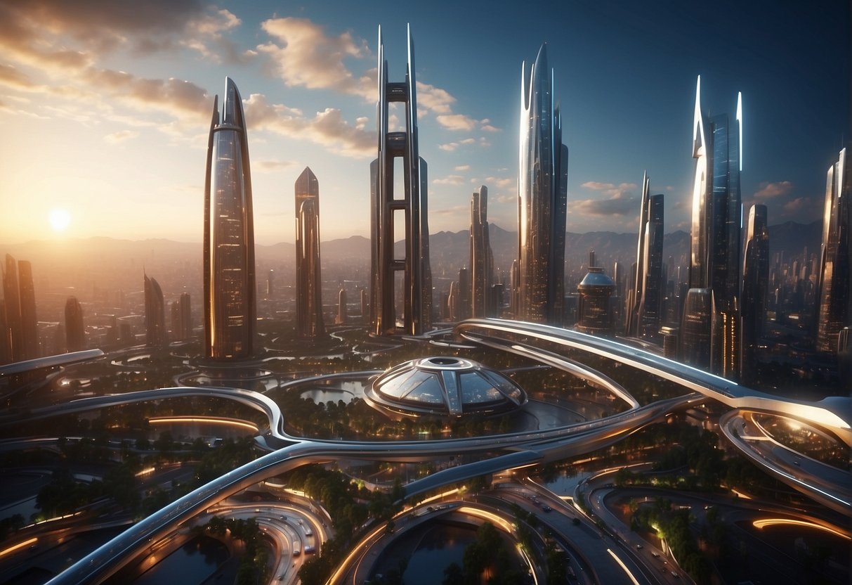 A futuristic cityscape with holographic displays and sleek, metallic architecture. Advanced spacecraft and robots populate the skyline, while futuristic transportation systems weave through the bustling streets