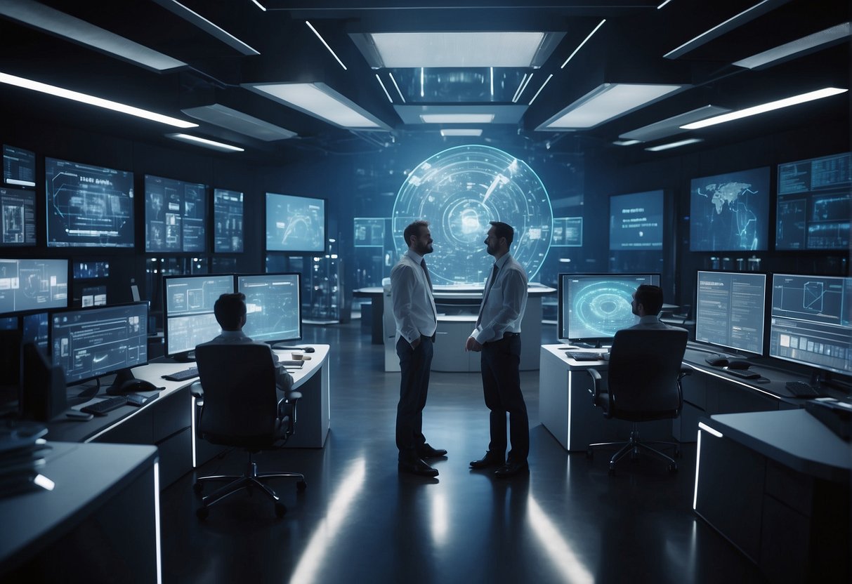 A futuristic laboratory with holographic screens and advanced technology, surrounded by a team of consultants shaping the space on screen