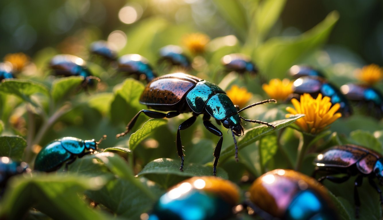 A vibrant jungle of beetles, each with iridescent shells, scuttles among lush foliage and bright flowers.

Sunlight catches their shimmering colors, creating a dazzling display of nature's tiny treasures