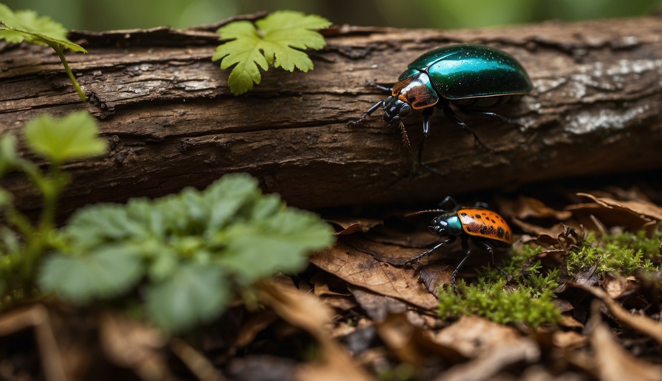 A lush forest floor teeming with diverse beetles, from vibrant metallic hues to earthy tones, crawling among decaying logs and leaf litter