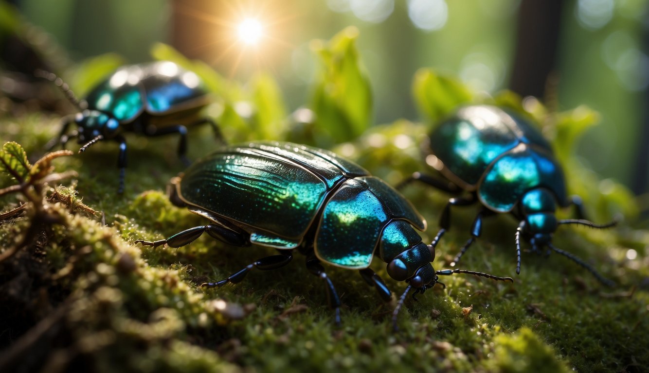 A group of beetles scuttling across a vibrant forest floor, their iridescent shells shimmering in the dappled sunlight.

Twisting vines and lush foliage create a lively backdrop for the tiny creatures