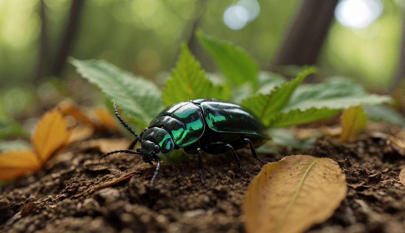 Beetles crawl on vibrant leaves, while others fly above.

A diverse array of colorful beetles populate the lush, green environment, showcasing nature's tiny treasures