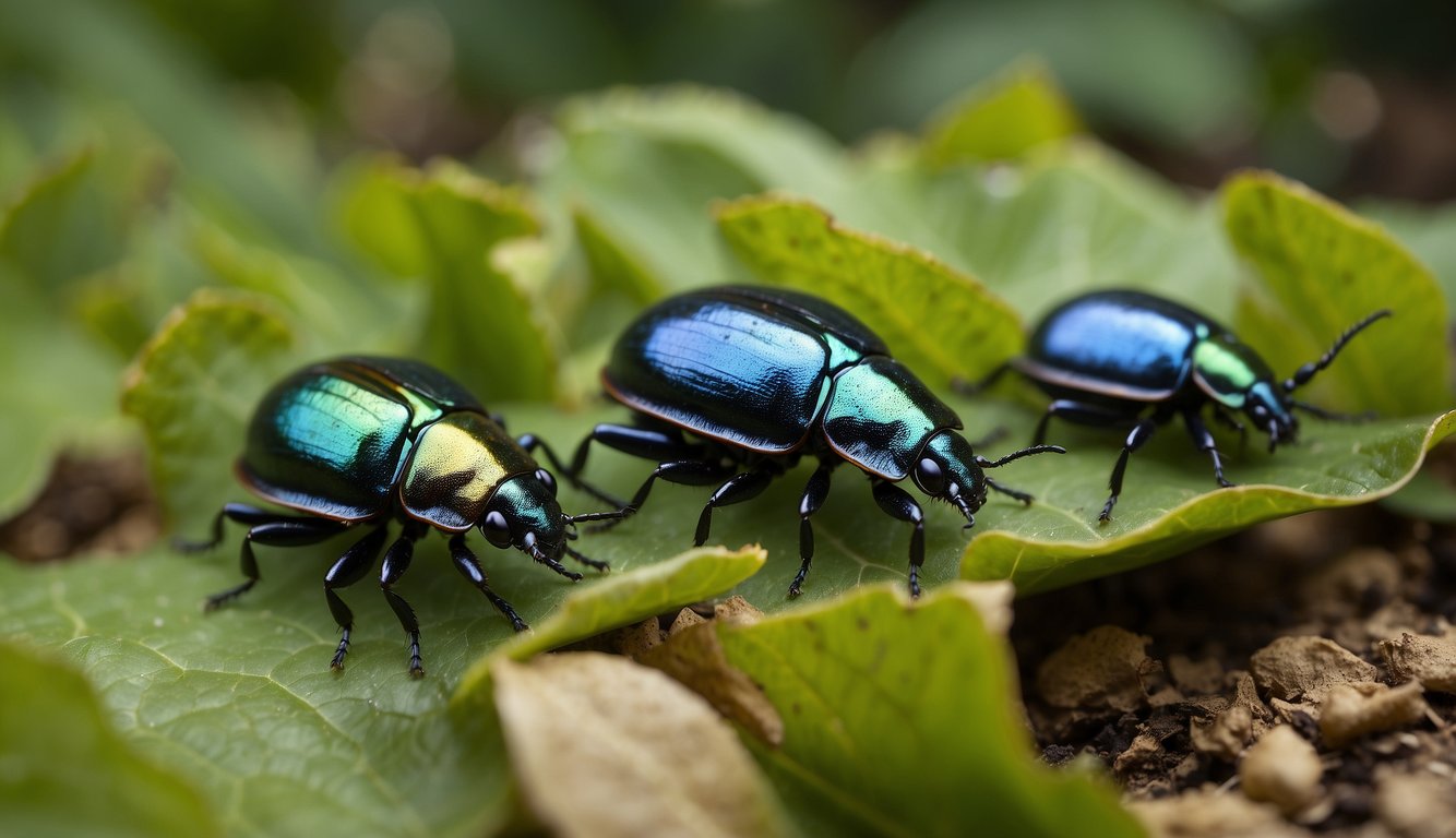 Vibrant beetles crawl on lush green leaves, showcasing their dazzling colors under the warm sunlight