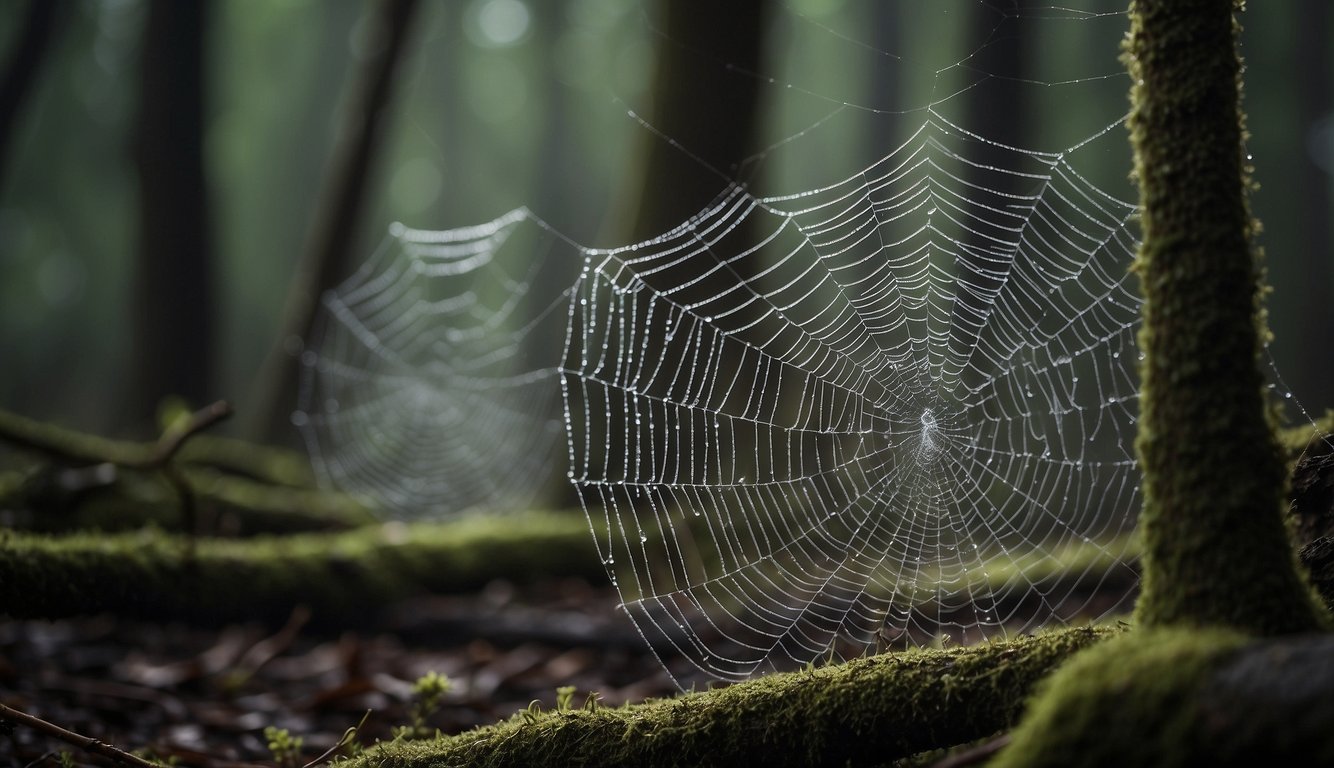 Spiders crawling among intricate webs in a dark, damp forest.

Shimmering dew clings to their delicate threads, while the creatures patiently wait for their next meal