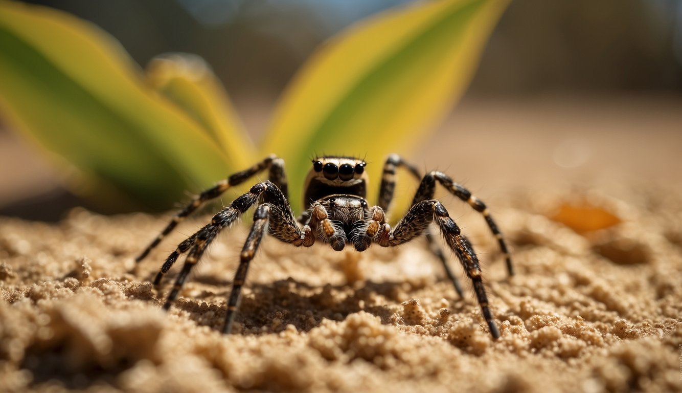 A spider weaves a delicate web among the vibrant leaves, while its cousin, the scorpion, scuttles across the desert sand