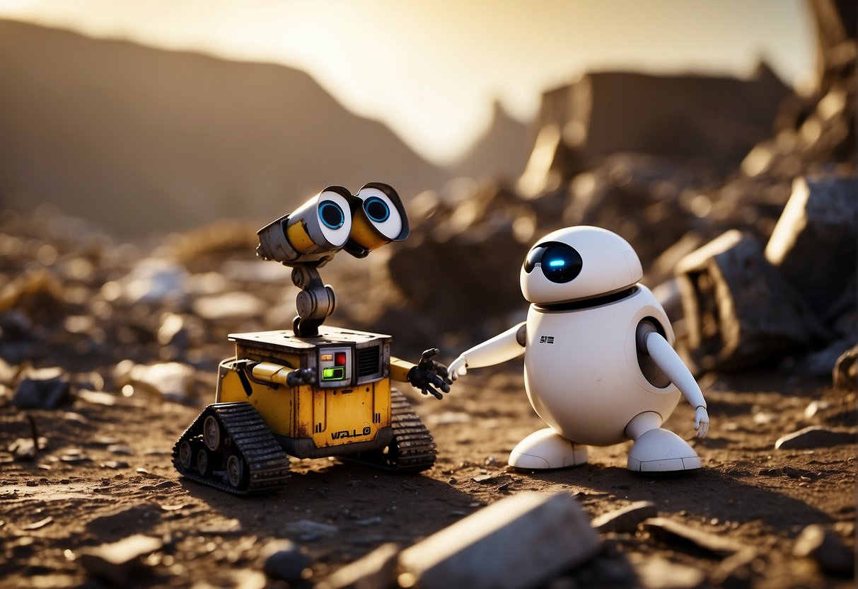 Wall-E and Eve embrace amidst a cluttered wasteland, surrounded by floating space debris. The Earth's desolation is evident as they convey a message of environmental preservation and love