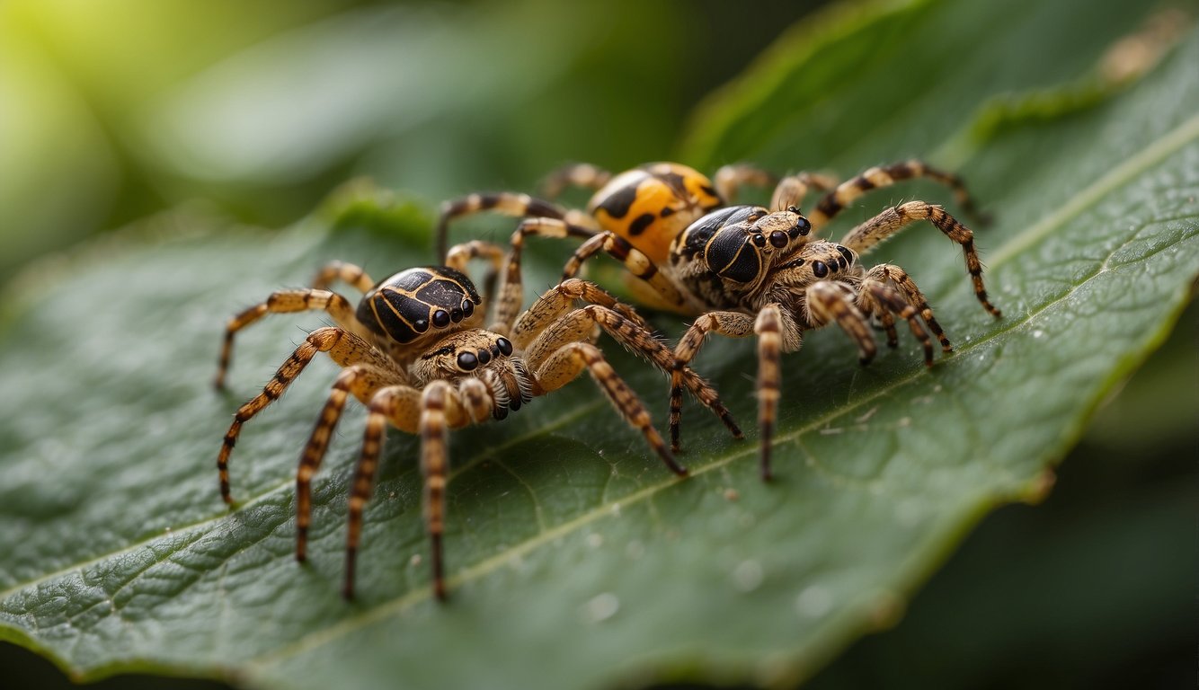 A spider and an insect face each other on a leaf.

The spider has eight legs and distinct body segments, while the insect has six legs and three body segments.

The spider is spinning a web, while the insect is munching on a leaf