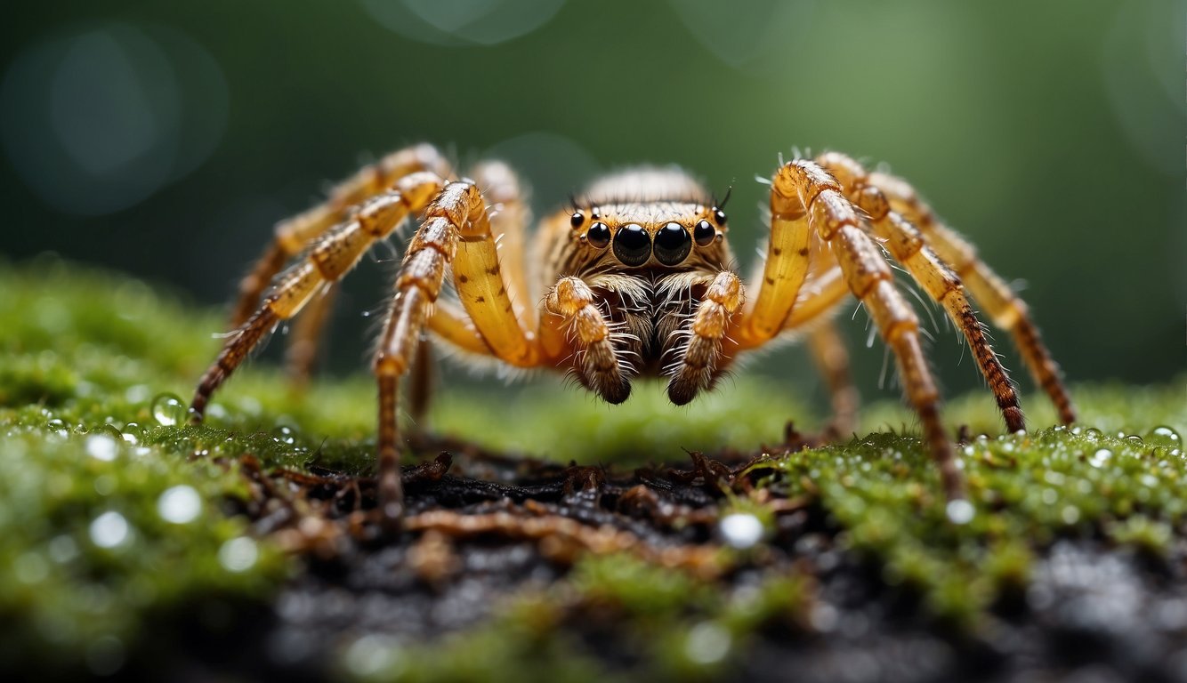 A spider crawls along a web, surrounded by intricate patterns and dew drops.

The forest background is lush and vibrant