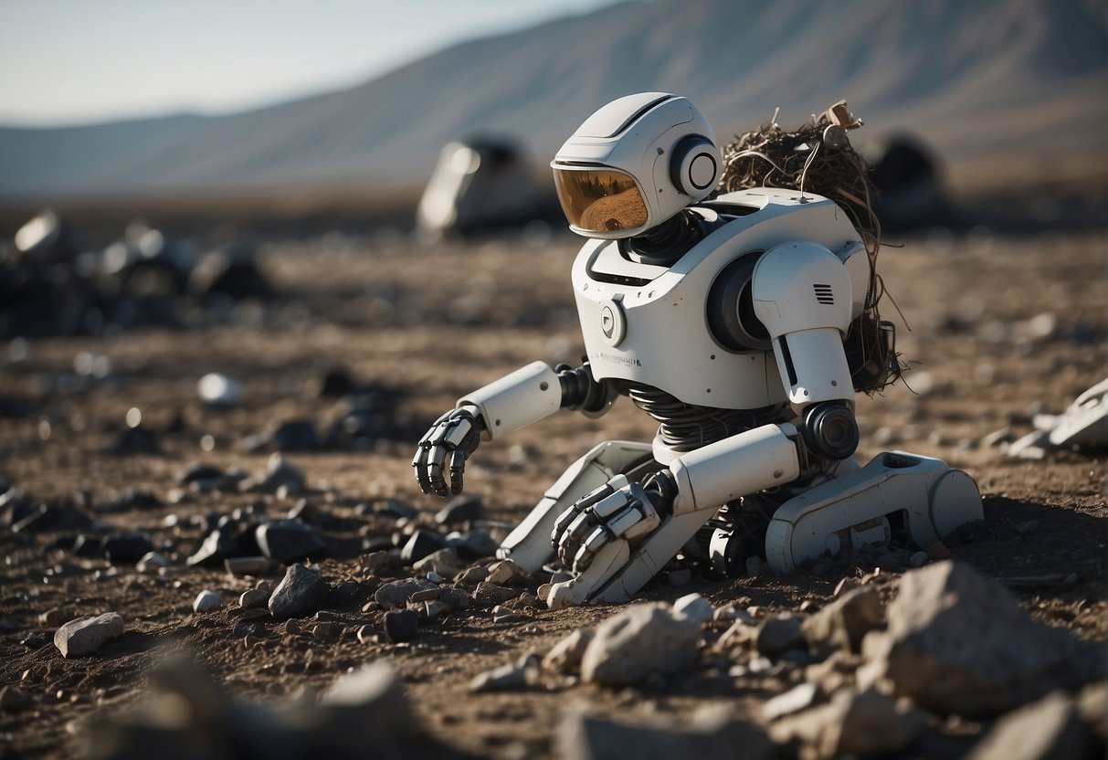 A lone robot diligently cleans up piles of space debris, surrounded by a desolate landscape. The air is thick with pollution, and remnants of human civilization litter the ground