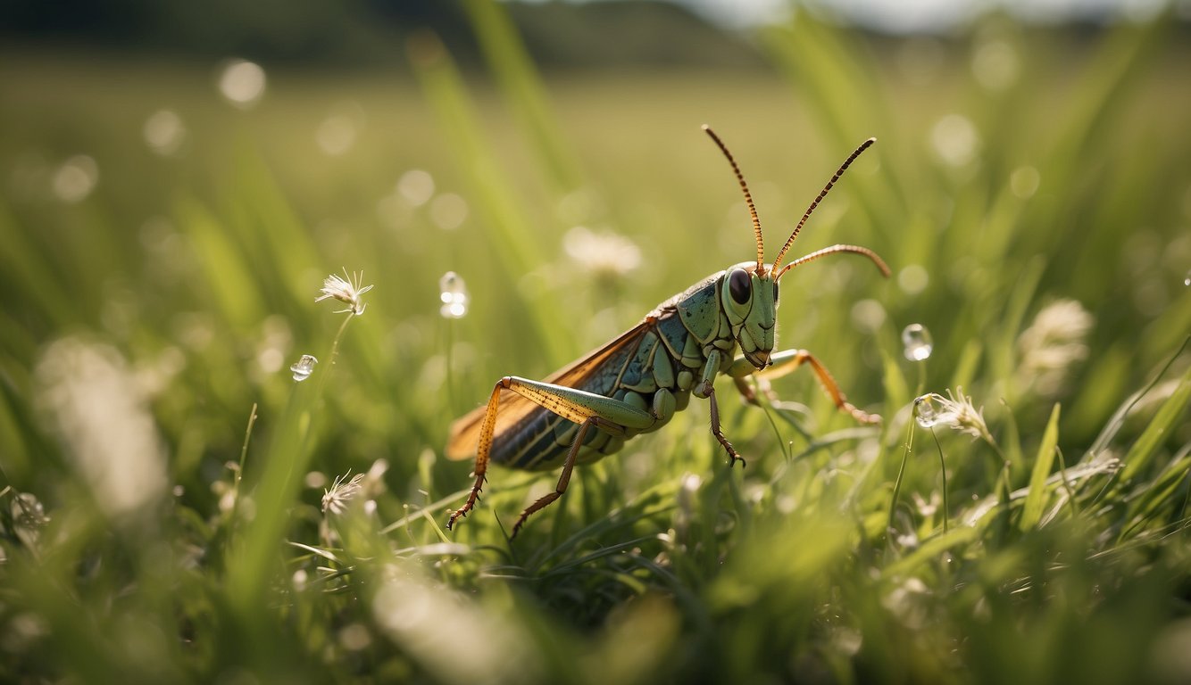 Grasshoppers leap across the vibrant grassland, showcasing their incredible jumping abilities and agile movements
