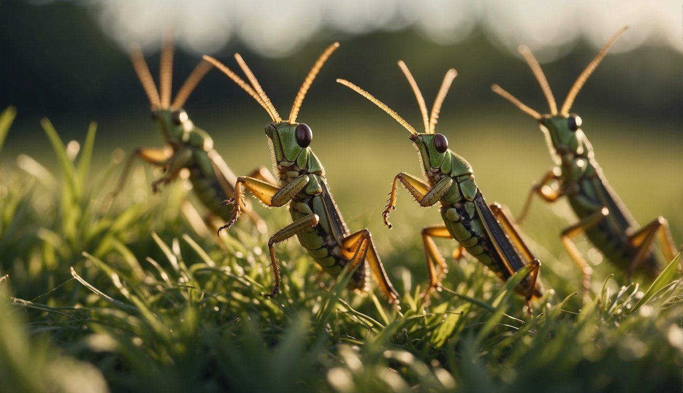 A group of diverse grasshoppers leaping and dancing across the grassland, showcasing their incredible agility and grace