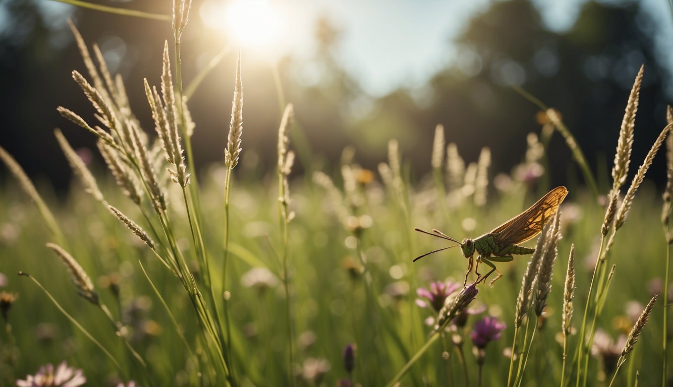Grasshoppers leap through tall grass, while birds swoop overhead.

Wildflowers bloom, and the sun shines on the vibrant ecosystem