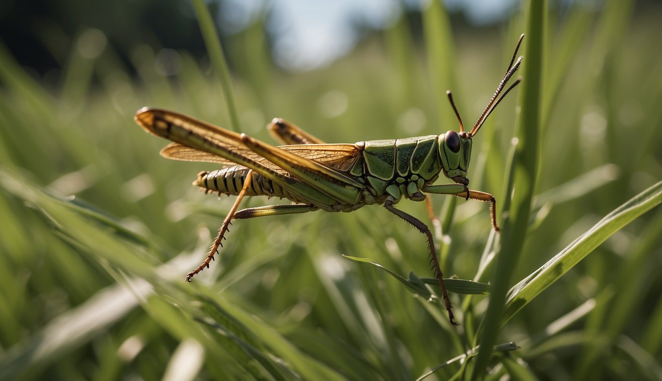 Grasshoppers leap through tall grass, their powerful hind legs propelling them into the air with precision and speed