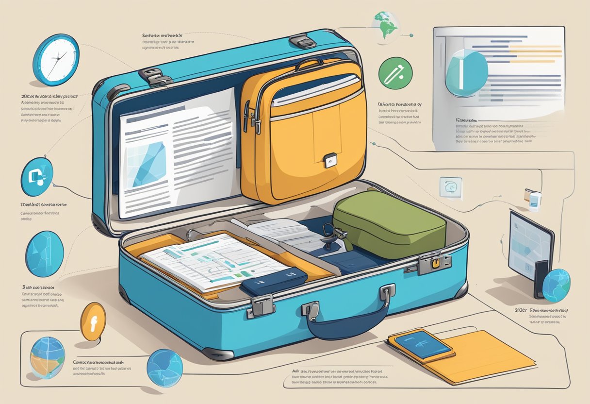 A suitcase with a GPS tracker attached, surrounded by informational text about data protection