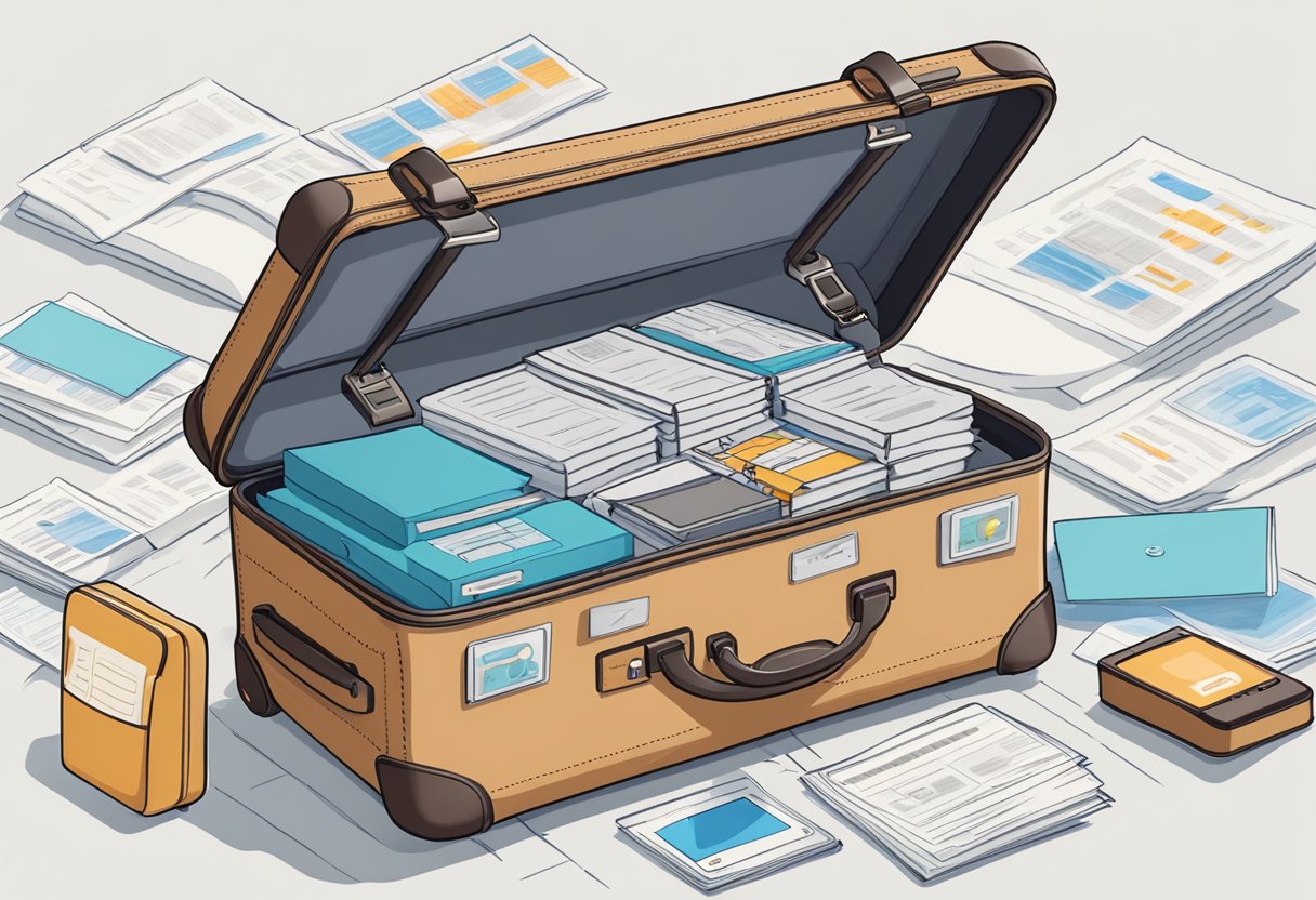 A suitcase with a GPS tracker attached, surrounded by privacy policy documents and best practice guidelines