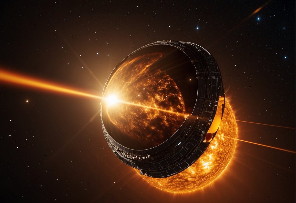 The Parker Solar Probe approaches the sun, capturing its intense radiance and dynamic surface activity for a sci-fi illustration