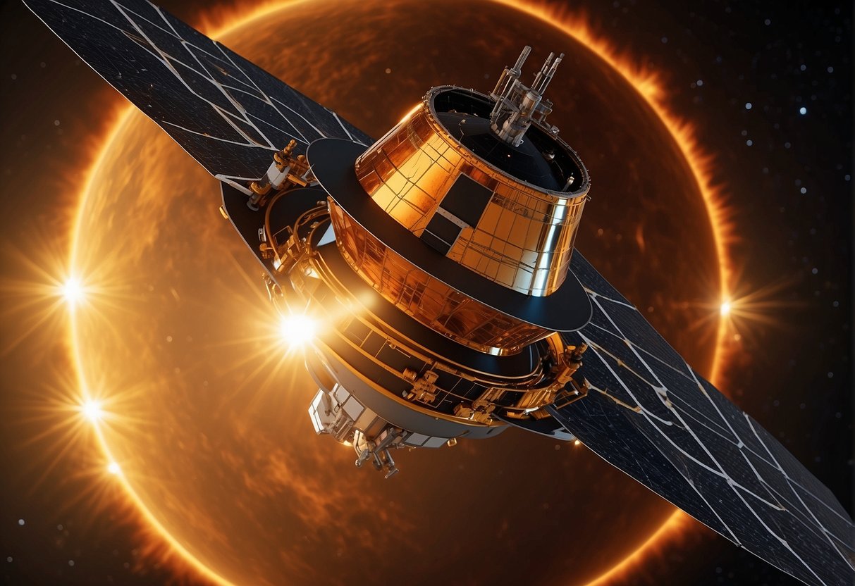 The Parker Solar Probe approaches the blazing sun, its sleek metallic exterior reflecting the intense light. Surrounding it, futuristic spacecraft and celestial bodies orbit in the vastness of space