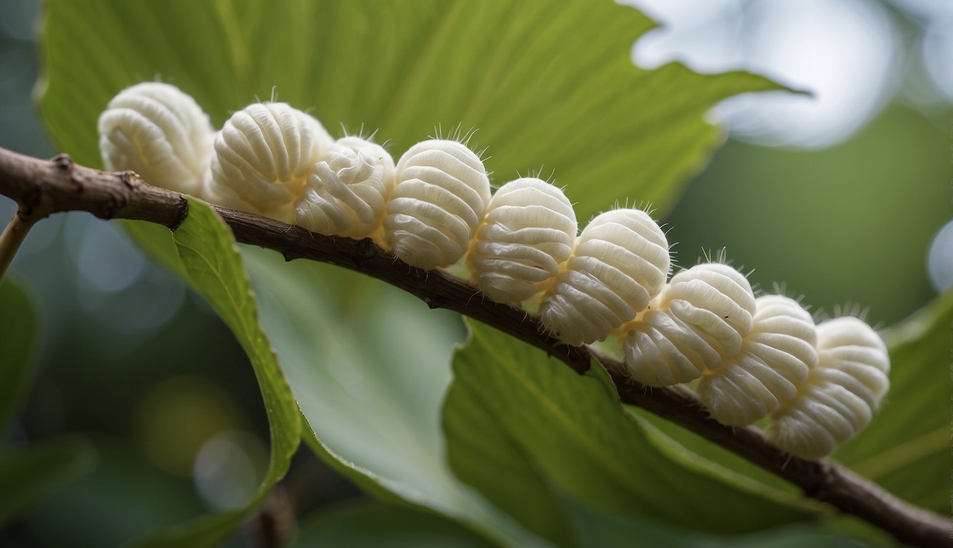 Silkworms spin silk threads on mulberry leaves in a cozy cocoon