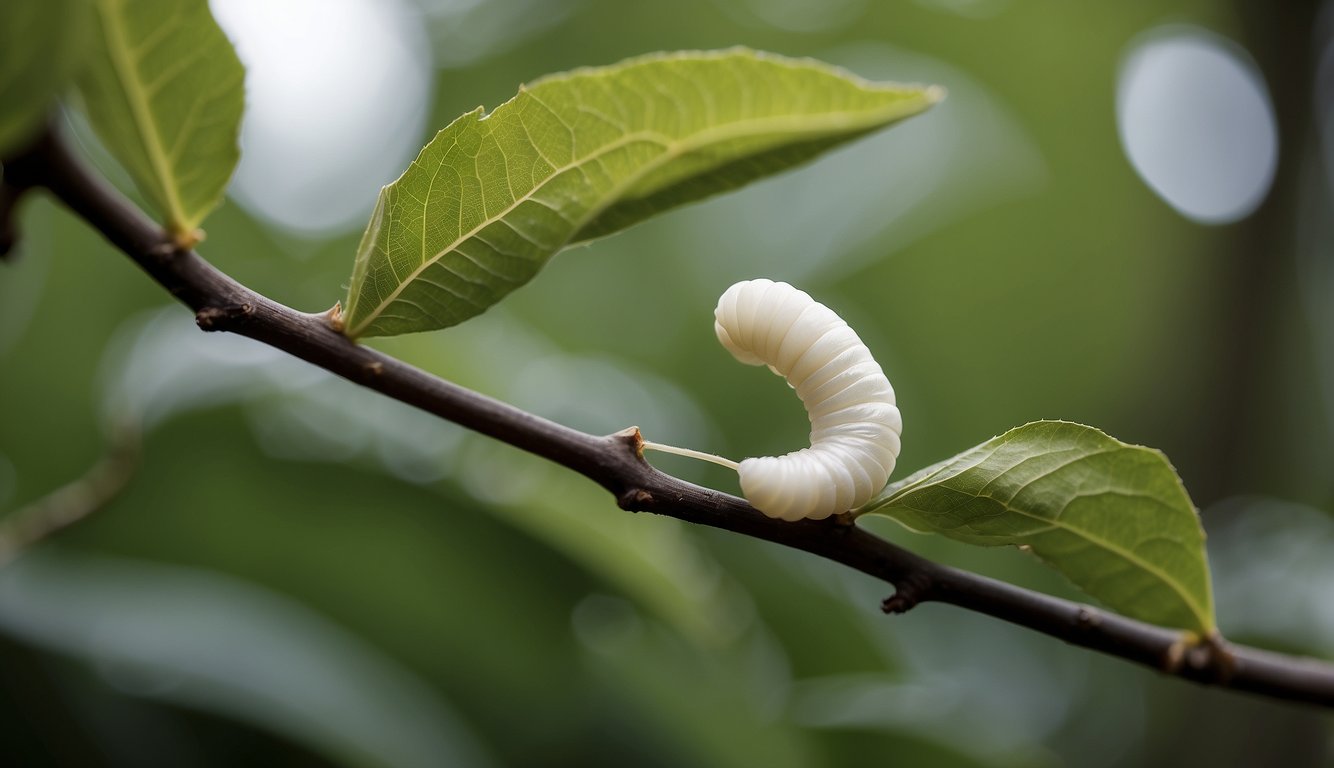A silkworm spins a delicate silk cocoon, surrounded by mulberry leaves and silk threads