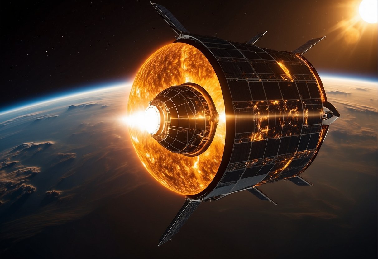 The Parker Solar Probe approaches the sun, surrounded by swirling solar flares and intense heat. Its sleek, high-tech design reflects the triumphs and challenges of solar exploration