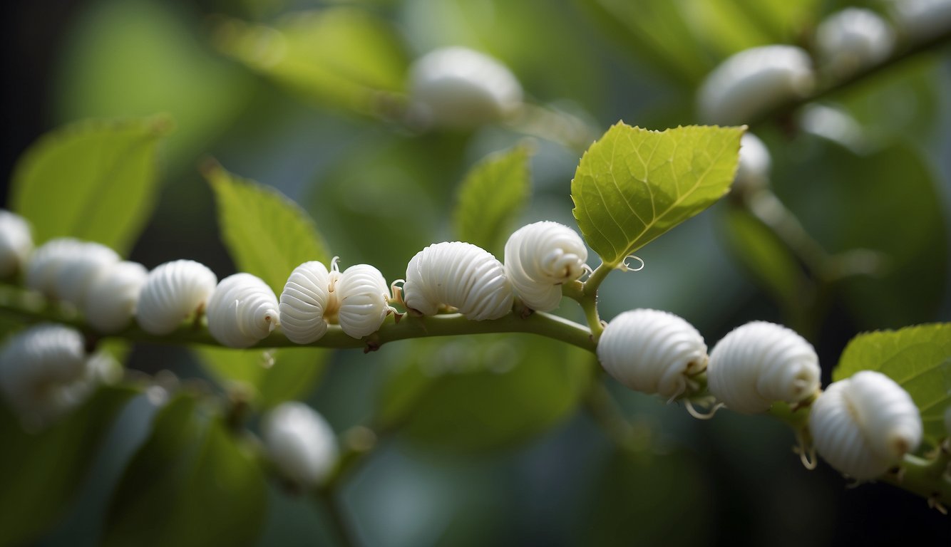 Silkworms spin silk threads in a controlled environment, surrounded by mulberry leaves.

The process involves carefully extracting the silk from the cocoons
