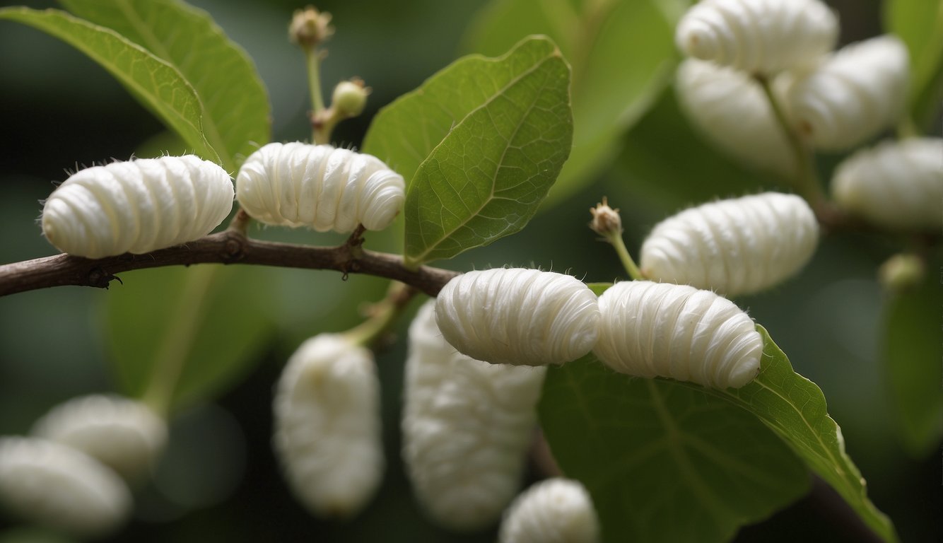 Silkworms spin silk threads on mulberry leaves.

Cocoons are harvested and unraveled to create silk fabric for clothing and textiles