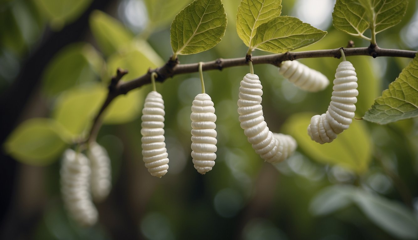 Silkworms in a mulberry tree, spinning silk threads in a symmetrical pattern, with cocoons hanging from branches
