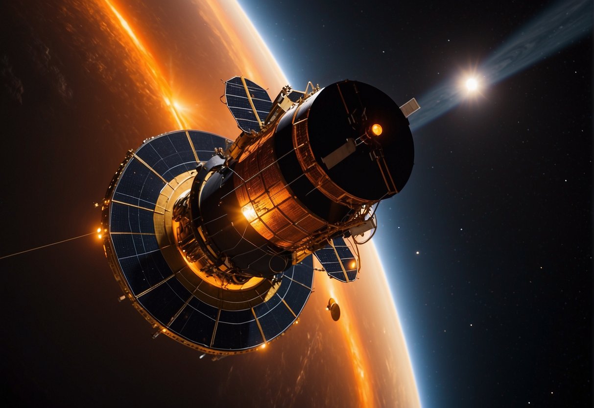 The Parker Solar Probe orbits close to the sun, gathering data. Sci-fi elements reflect the mission's impact on sun-centric storytelling