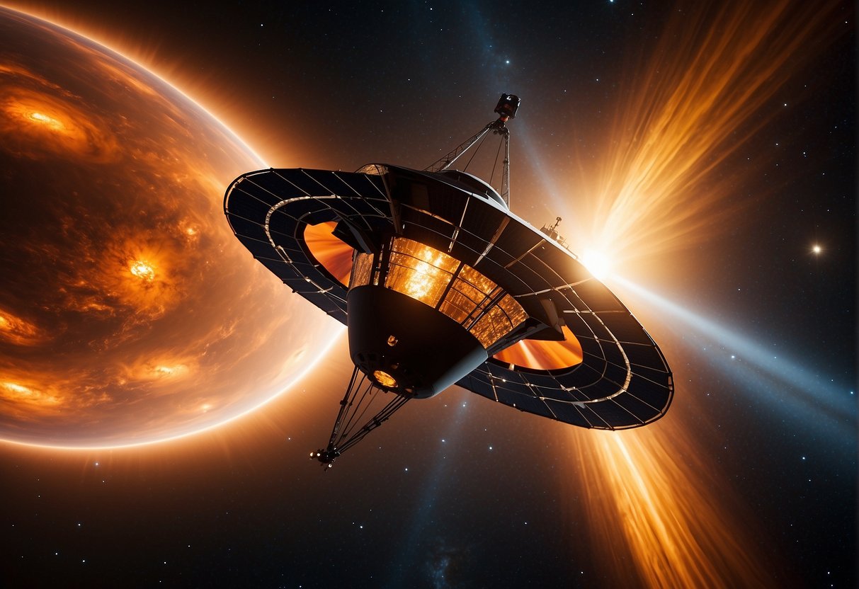 The Parker Solar Probe orbits close to the sun, capturing data and images. The spacecraft's sleek design reflects the sun's intense light in a futuristic, sci-fi setting