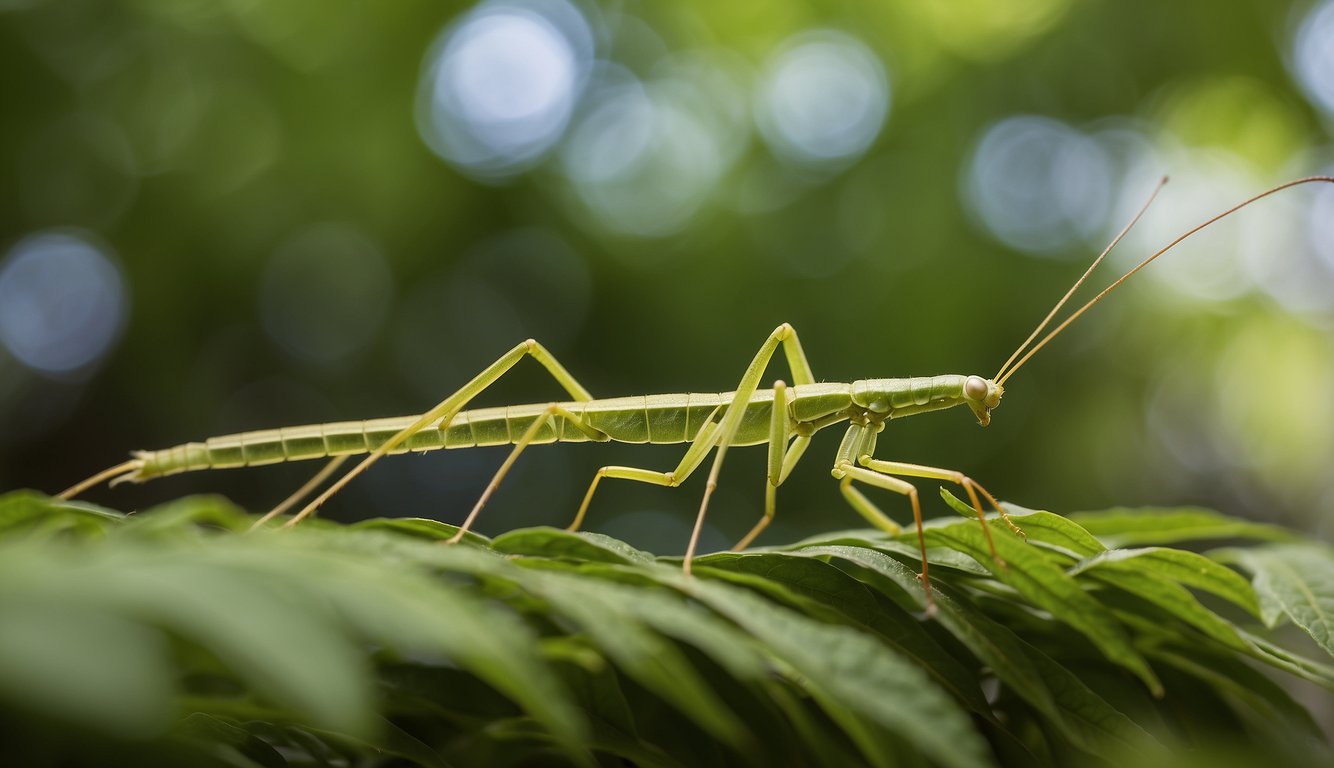 A stick insect blends into the leafy backdrop, its long, slender body mimicking the shape and color of the foliage