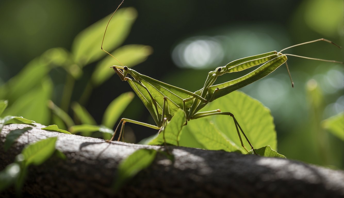 Stick insects blend into the green foliage, their bodies resembling twigs.

They munch on leaves, their delicate legs moving with precision. A small habitat with plants and sticks provides a safe home for these masters of disguise