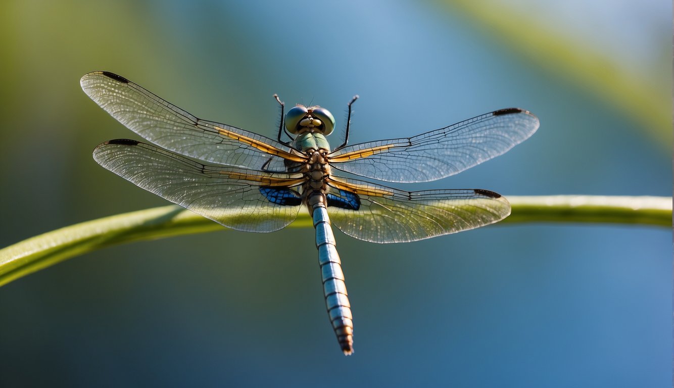 Dragonflies dart and twirl in the air, their iridescent wings shimmering in the sunlight.

A mesmerizing display of aerial acrobatics unfolds against the backdrop of a clear blue sky