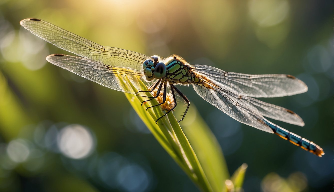 Dragonflies dart and twirl through a vibrant sky, their delicate wings shimmering in the sunlight as they perform breathtaking acrobatics