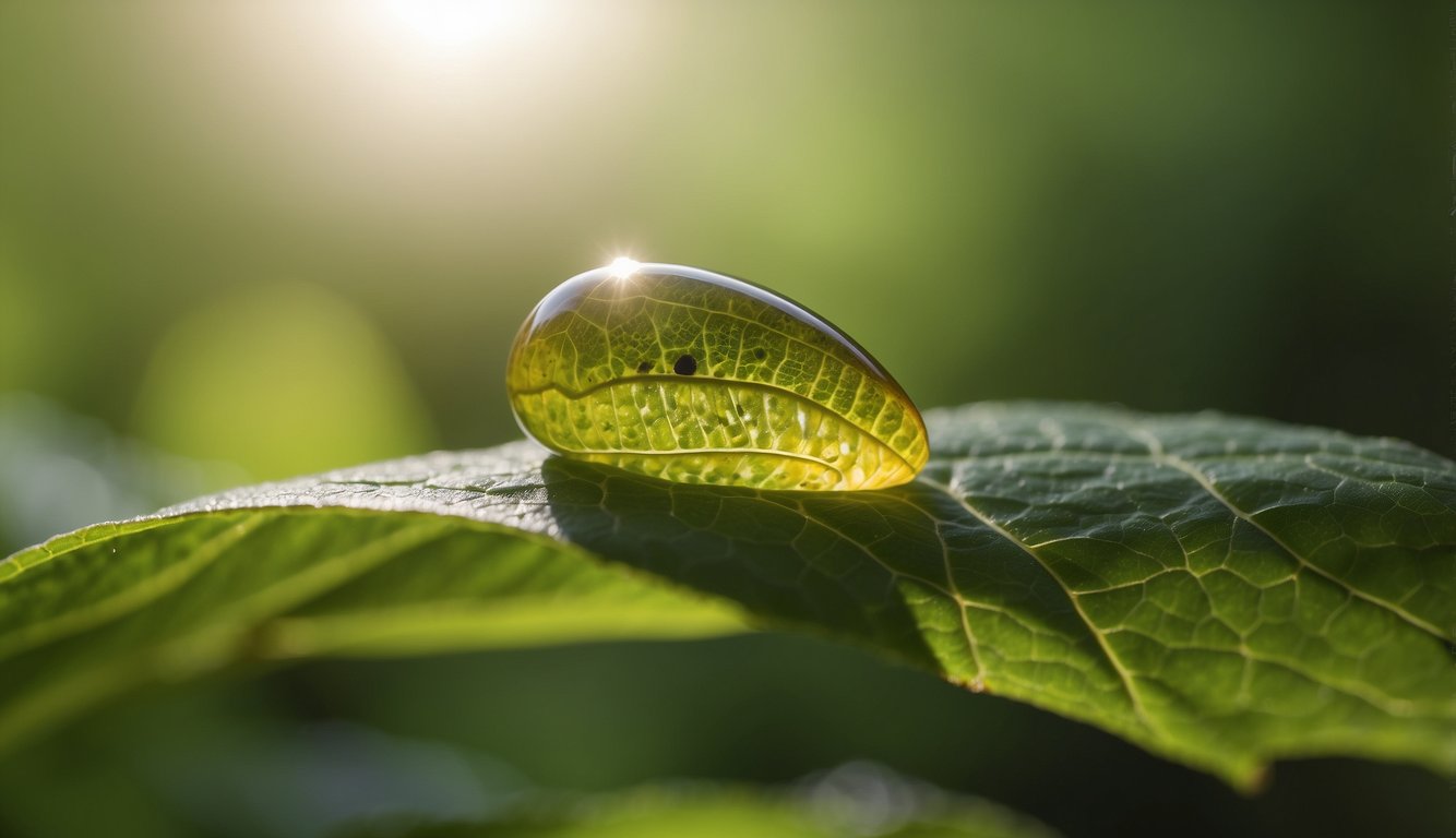 A tiny egg rests on a vibrant green leaf.

It hatches into a caterpillar, munching on leaves and growing. It forms a chrysalis, then emerges as a beautiful butterfly, fluttering in the sunlight
