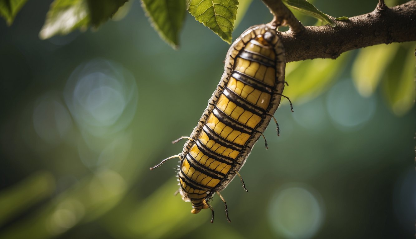 A caterpillar hangs from a branch, encased in a chrysalis.

Its body undergoes a miraculous transformation, emerging as a vibrant butterfly, ready to take flight