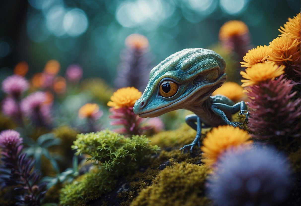 Alien Life in Media - A colorful, alien landscape with unique flora and fauna. Strange, otherworldly creatures interact in a vibrant, bustling ecosystem