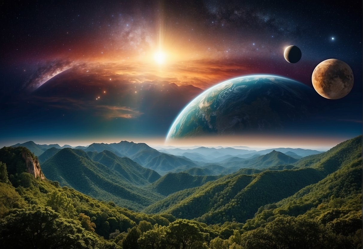 A planet with diverse ecosystems, including lush forests, vast oceans, and unique geological formations, all under a colorful sky with multiple moons or suns