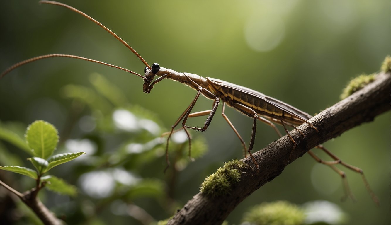 A walking stick insect clings to a twig, blending seamlessly with its surroundings.

Its slender body and twig-like legs make it almost indistinguishable from the branches it inhabits