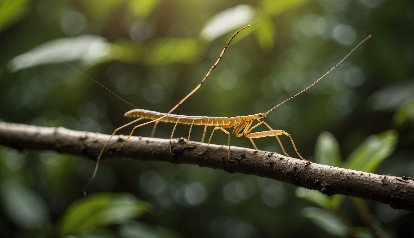 A walking stick insect blends into a branch, mimicking its texture and color.

Nearby, a group of researchers carefully document and study the insect, showcasing human efforts in conservation