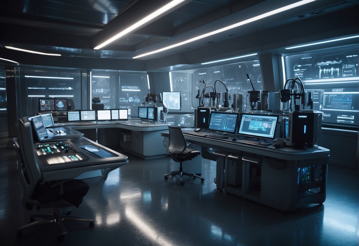 A futuristic laboratory filled with advanced equipment and holographic displays, showcasing the study of alien life forms and their impact on media representations