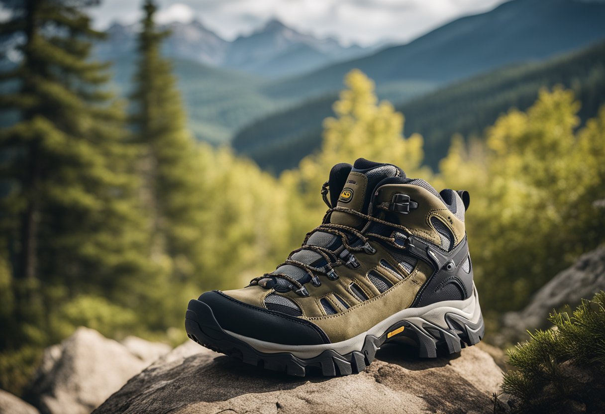 A pair of Oboz hiking shoes surrounded by rugged terrain and rocky trails, with a backdrop of towering mountains and lush forests